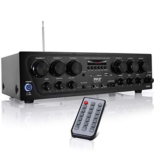 Bluetooth Home Audio Amplifier System - Upgraded 6 Channel 750 Watt Wireless Home Audio Sound Power Stereo Receiver w/ USB, Micro SD, Headphone, 2 Microphone Input w/ Echo, Talkover for PA - Pyle
