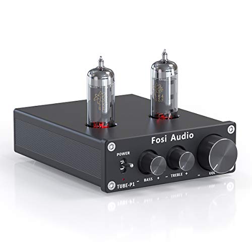 Fosi Audio P1 Tube Pre-Amplifier Mini Hi-Fi Stereo Buffer Preamp 6K4 Valve Vacuum Pre-amp with Treble Bass Tone Control for Home Theater HiFi System