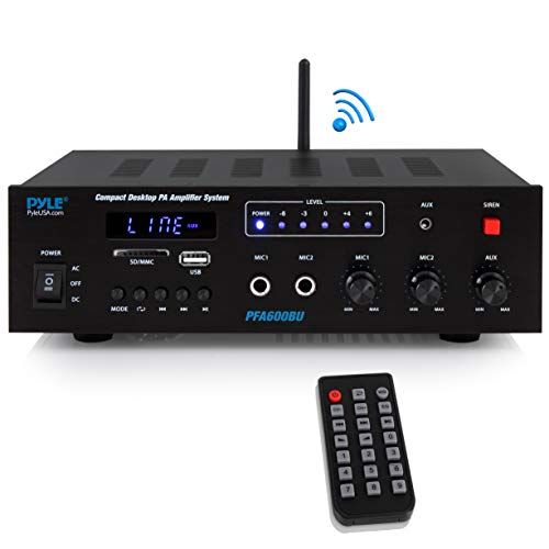 Wireless Bluetooth Karaoke Amplifier Home Car Bus Tours 300 Watts 2 Channel Digital Home Audio PA Receiver System 2 Microphone Input Control, FM Radio, USB,12 Volt Power Option Pyle PFA600BU