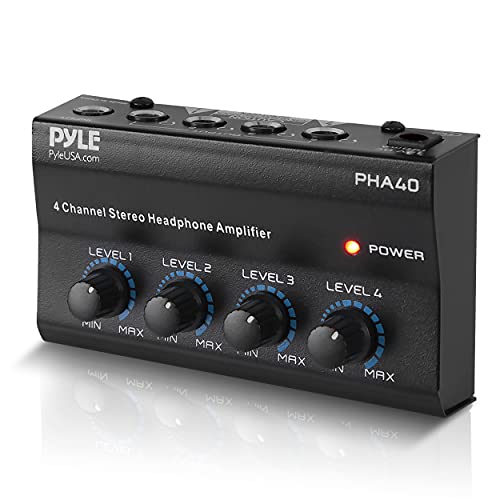 4-Channel Portable Stereo Headphone Amplifier - Professional Multi Channel Mini Earphone Splitter Amp w/ 4 ¼” Balanced TRS Headphones Output Jack and 1/4" TRS Audio Input For Sound Mixer - Pyle PHA40 BLACK