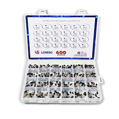 Transistor Assortment Kit Box by Loreso - 600 Piece 24 Value NPN PNP Transistor Box 2N2222 2N2907 BC327 BC337 BC556 2N3903 S9012 for Hobby Electronics, Audio-Video, Repair & Electronic Projects
