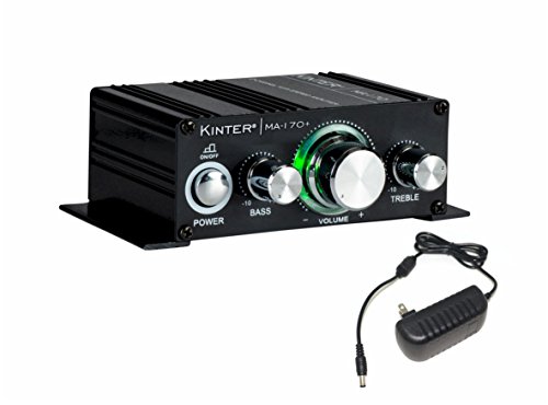 Kinter MA170+ 2-Channel Auto Home Cycle Arcade DIY 2 x 18 W Mini Amplifier Bass Treble RCA Input Audio Mini Amplifier with 12V 3A Power Supply Black